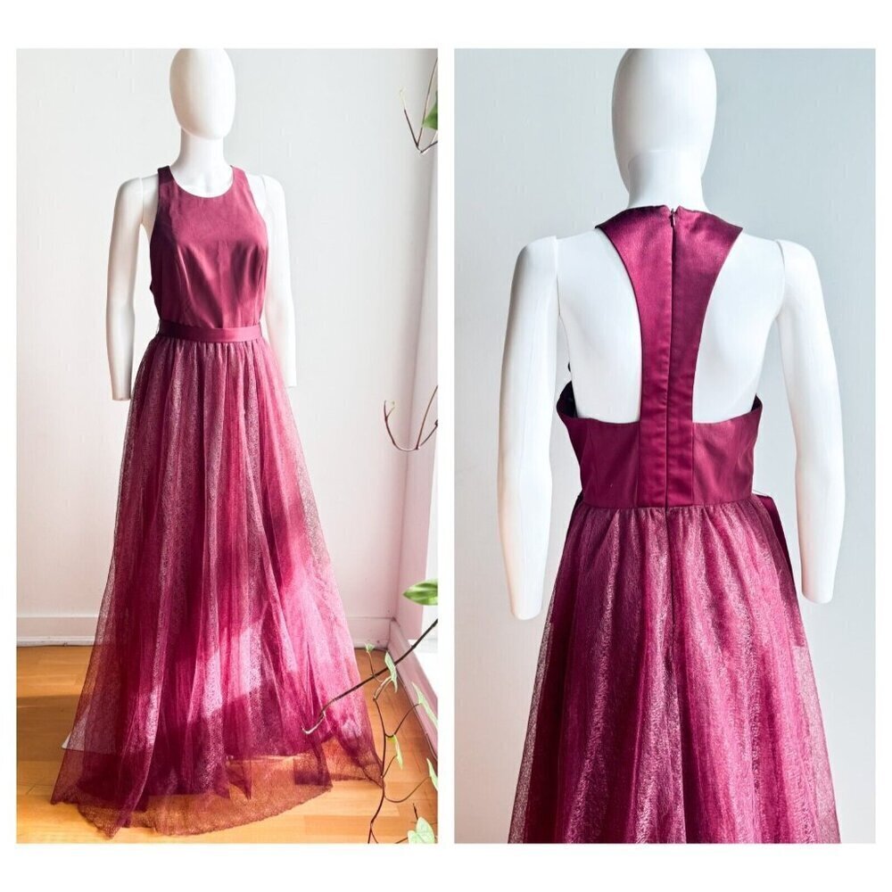 Vera Wang White Burgundy Lace Skirt open Back Maxi Gown 10